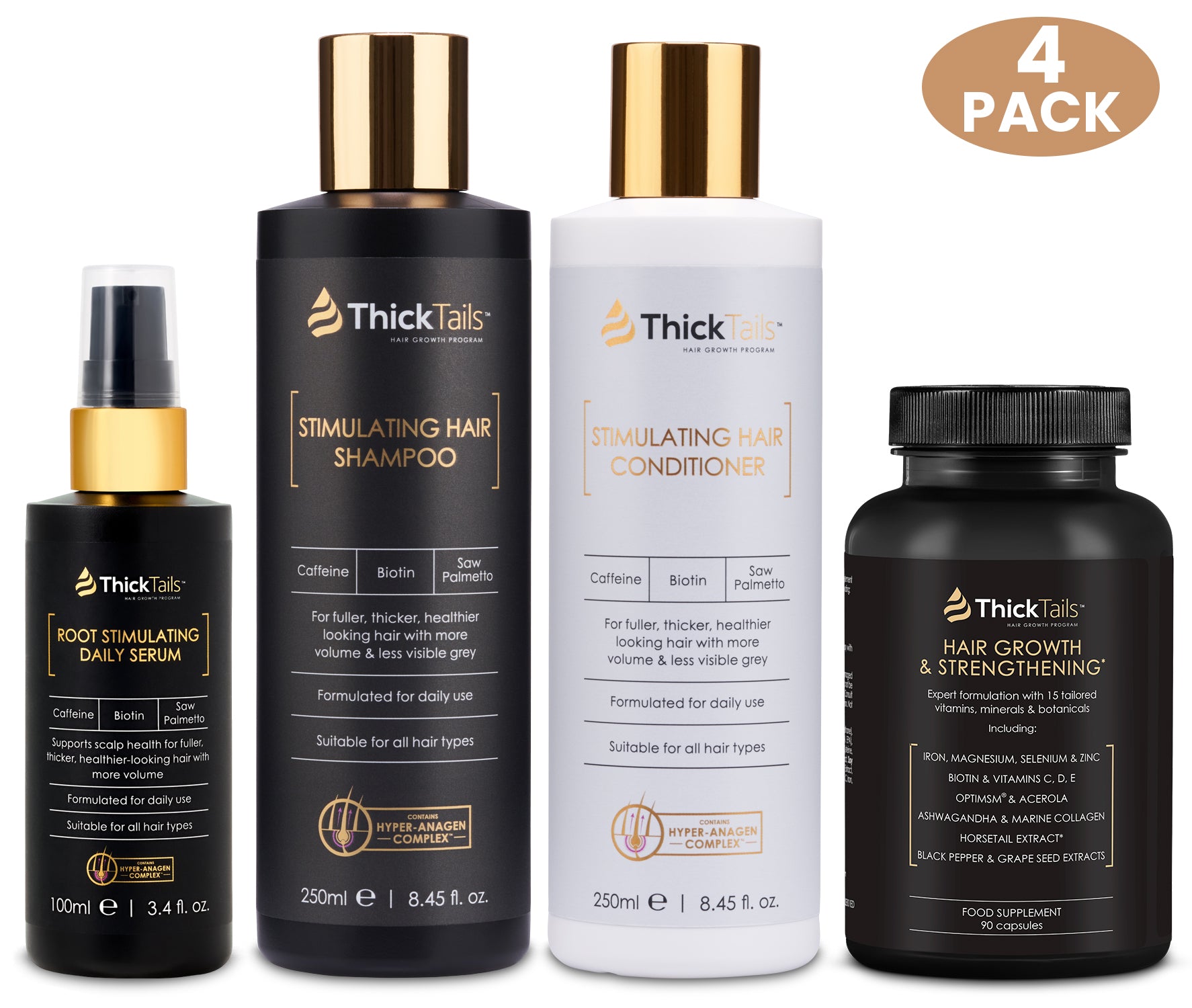 ThickTails Stimulating Hair Shampoo, Conditioner Serum & Vitamins | 4-Pack