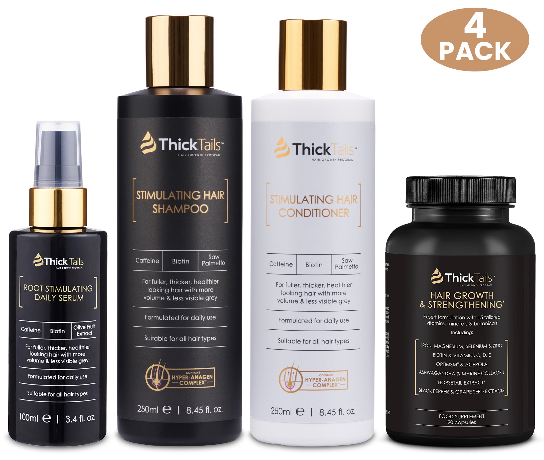 ThickTails Stimulating Hair Shampoo, Conditioner Serum & Vitamins | 4-Pack