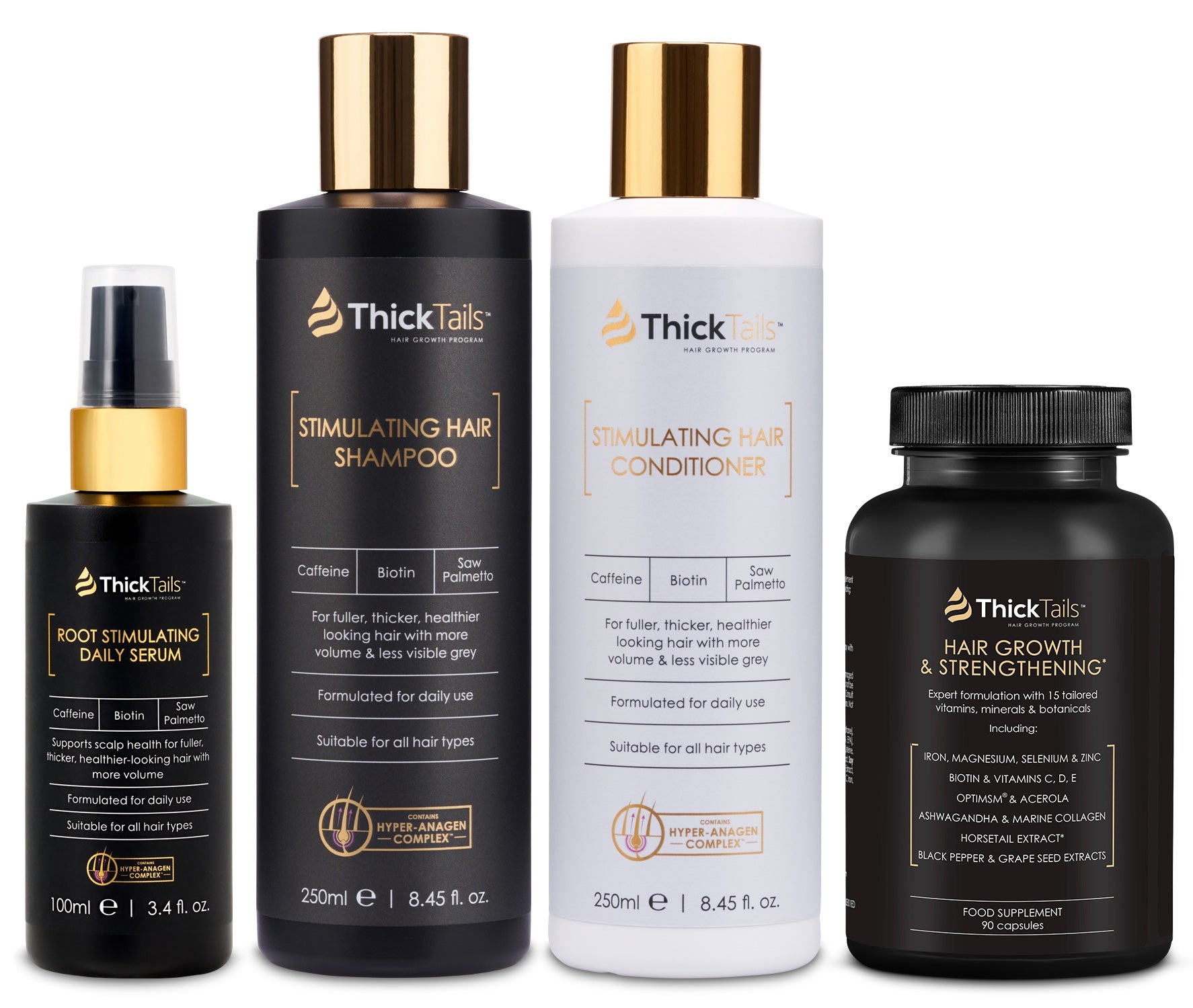 ThickTails Stimulating Hair Shampoo, Conditioner Serum & Vitamins | 4-Pack