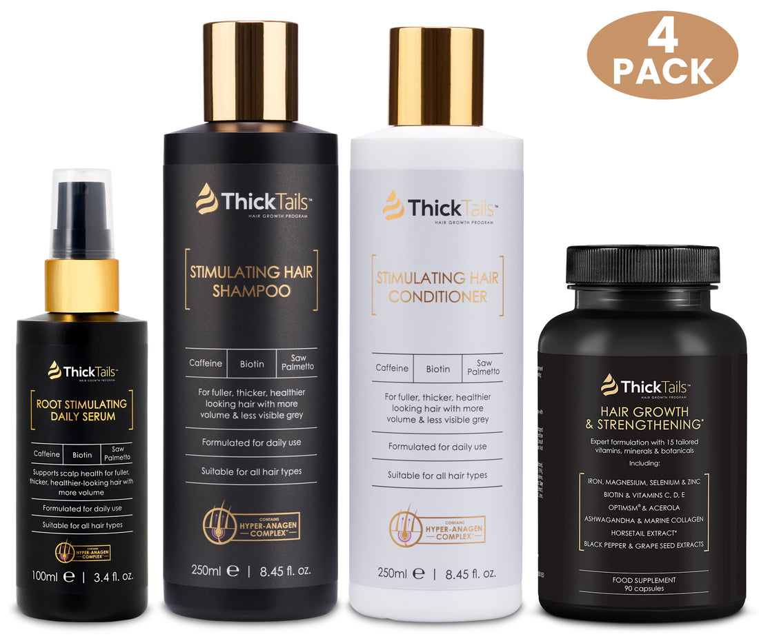 ThickTails Stimulating Hair Shampoo, Conditioner Serum &amp; Vitamins | 4-Pack